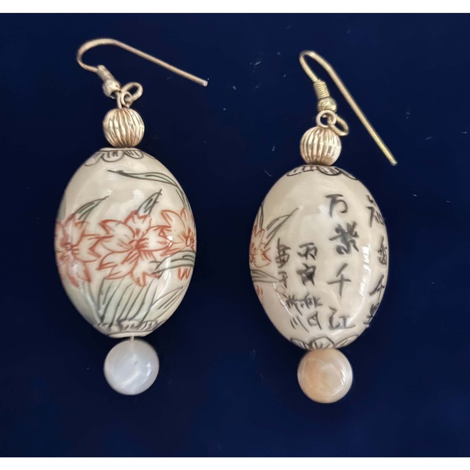 Vintage Chinese Porcelain Ping An Kou Handpainted Bead Earrings 2.5" New